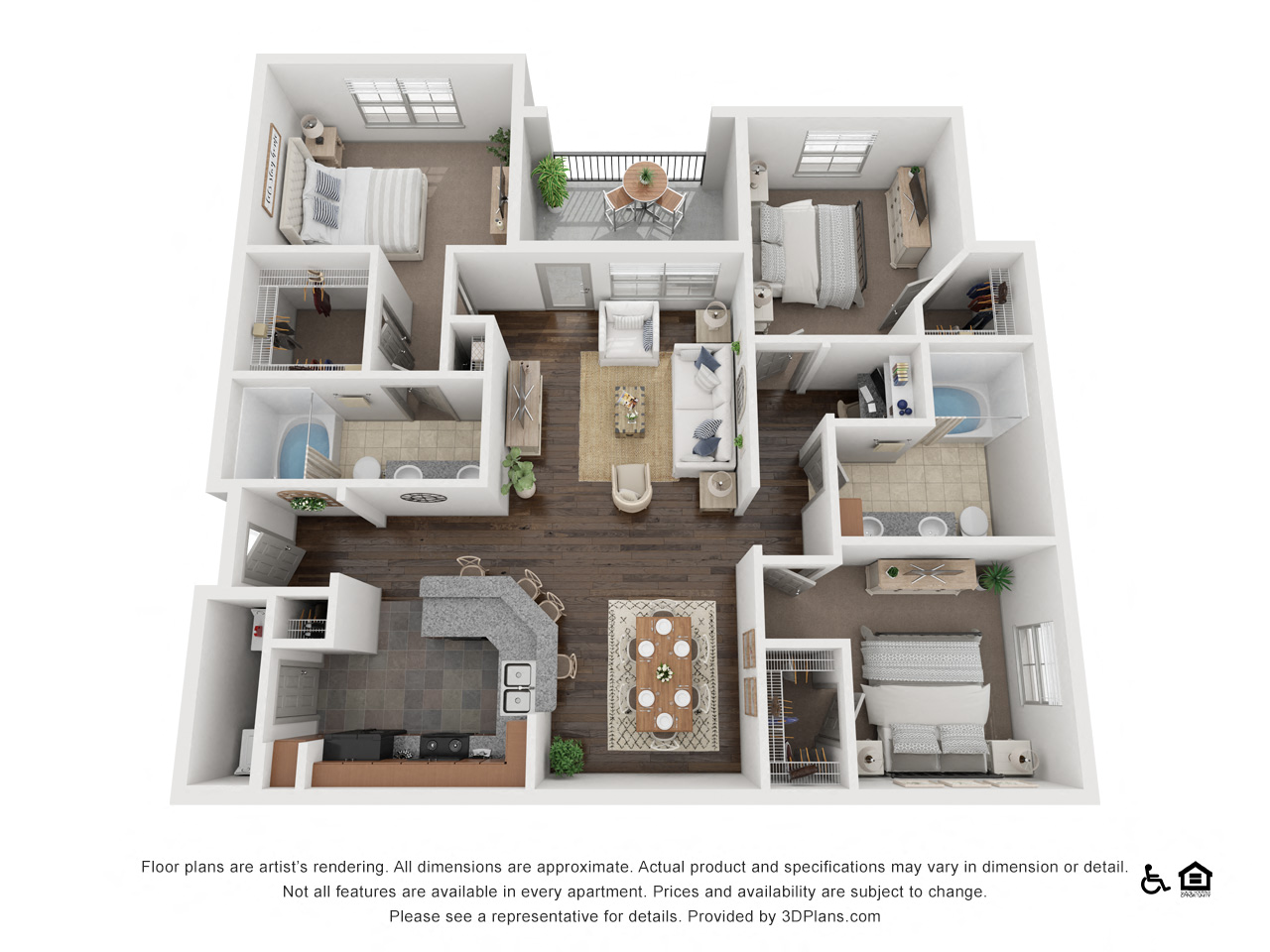 Floor plan for 3 beds, 2 baths, 1360 sqft